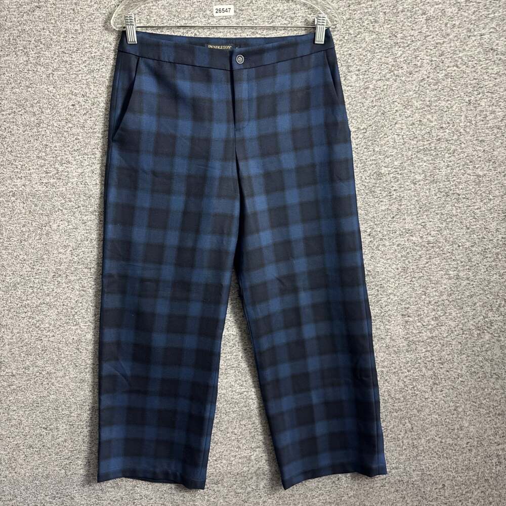 Pendleton Women's Size 8 Blue Plaid Virgin Wool Wide Straight Leg Cropped Pants